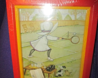 Intercraft Industries orange and yellow frame Wall Hanging MIP Girl with Bonnet playing tennis dog and cat watch Big Eyes whimsical