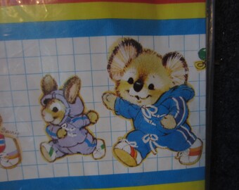 Vintage 1970s 80s Buzza Birthday Gift Wrap Koalas and Bunnies and Mice in Jogging Suits Kitschy Cute Paper