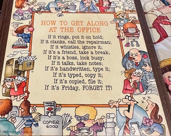 Vintage 1982 HALLMARK How To Get Along At The Office Instructional Humor wall plaque sign kitschy GAG novelty