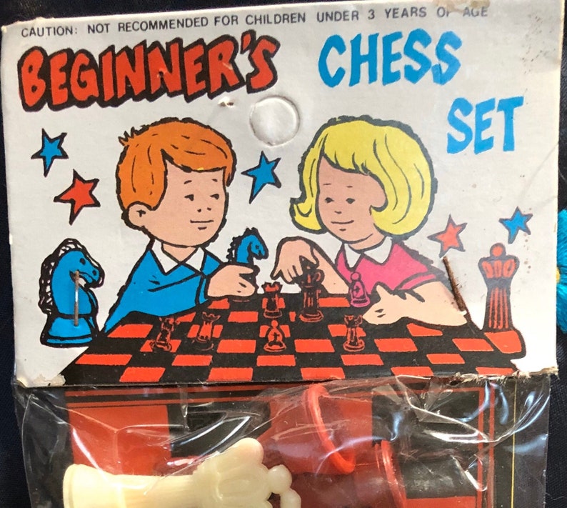 Vintage 1960s Beginners Chess Set plastic kitschy cute Larami Corp Hong Kong toy retro fun graphics image 1