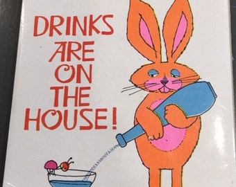 Drinks On The House Cocktail Party Invitations with Martini and Bunny Rabbit Invites (8) cards Visual Creations 1960s 1970s kitschy cute