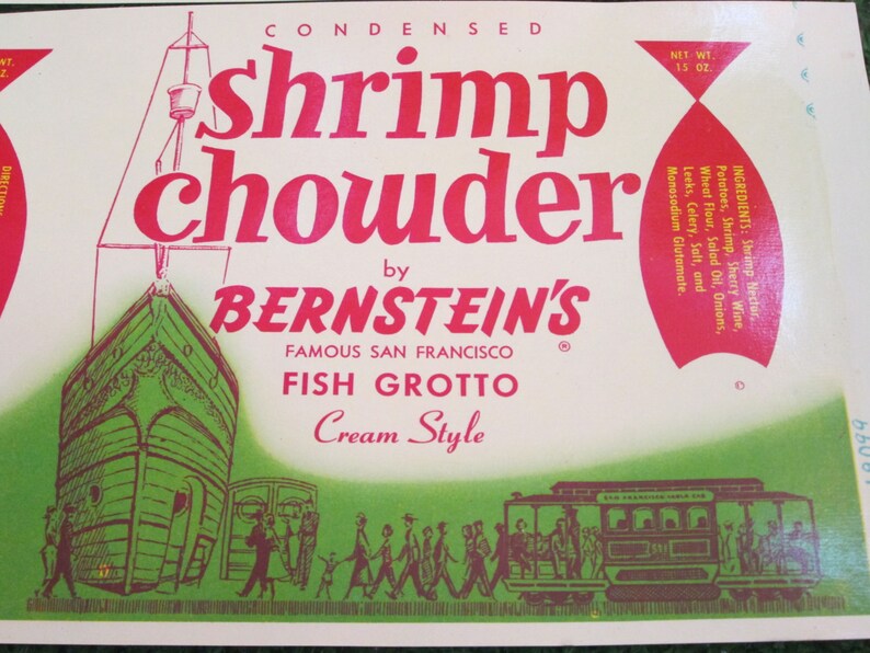 Vintage Bernstein's Condensed Shrimp Chowder Famous San Francisco Fish Grotto Cream Style Paper advertising packaging labels Cable Cars image 2