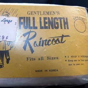 Vintage “Gentlemens” Plastic Full Length Rain Coat In Original Unopened Plastic NOS Korea kitschy 1960s