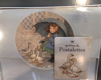 Vintage Hallmark Postalettes 10 fold-up letters and coordinating Seals Big Eyed Girl with Umbrella and Geese Goose kitschy cute stationery