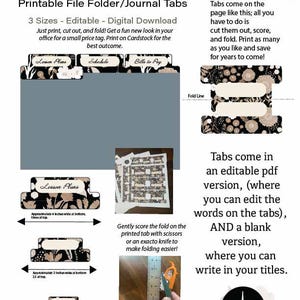 May include: Printable file folder and journal tabs with a cottagecore floral design. The tabs come in three sizes and are editable. The image shows the tabs with the words "Lesson Plans", "Schedule", and "Bills to Pay".