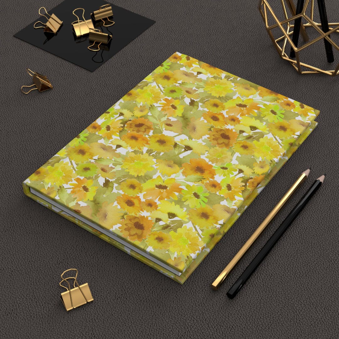 Yellow Watercolor Sunflower Pattern Hardcover Journal | Floral Notebook ...
