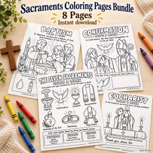 以下が含まれることがあります： 「Sacraments Coloring Pages Bundle」と題された8ページの塗り絵セット。各ページには、洗礼、堅信、聖体、七つの秘跡など、宗教的なテーマの白黒線画イラストが描かれています。
