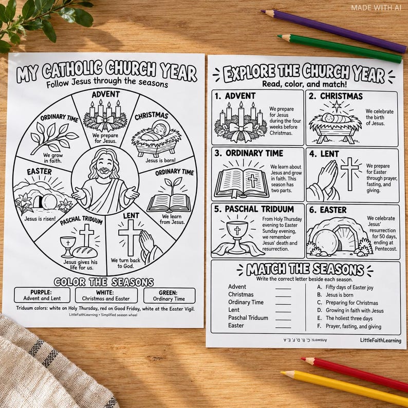 Catholic Church Year Coloring Activity, Liturgical Seasons Worksheet ...