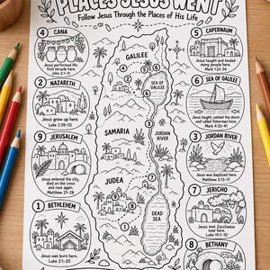 May include: A black and white educational coloring sheet titled Places Jesus Went, featuring a map of biblical locations numbered one through nine, including Bethlehem, Nazareth, and Jerusalem, with descriptive text and illustrations for each site.