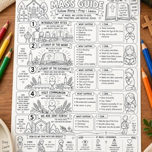 May include: A black and white educational print titled My Catholic Mass Guide, featuring numbered sections for the liturgy, illustrations of church elements, and text prompts for children to follow along, pray, and learn during the mass service.