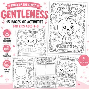 May include: A digital activity book titled Fruit of the Spirit Gentleness featuring 15 pages for kids ages 4-8. The black and white printable sheets include colouring pages, word tracing, cut-and-paste crafts, and find the difference games.
