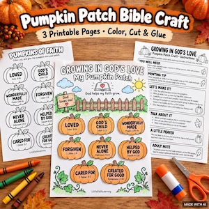 Puede incluir: Un set de manualidades bíblicas Pumpkin Patch que incluye tres páginas imprimibles con instrucciones, actividades para colorear y formas de calabaza para recortar. Las páginas contienen textos como Growing in God's Love y versículos.