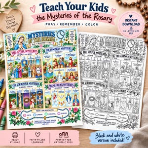 Catholic Rosary Mysteries for Kids Printable, 20 Mysteries Guide, Coloring Page (PDF)