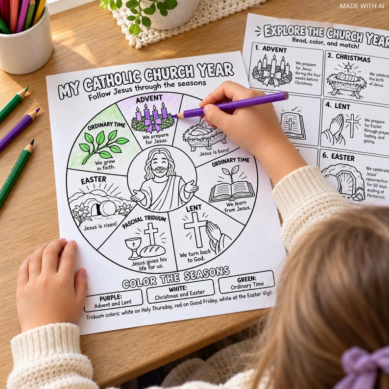Catholic Church Year Coloring Activity, Liturgical Seasons Worksheet ...