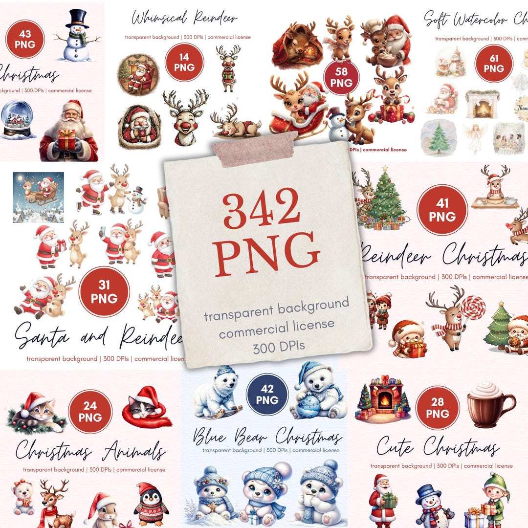 Christmas Clipart Mega Bundle, Santa Deer (342 PNG) (digital Download ...