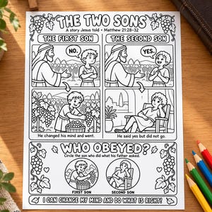 May include: A black and white printable coloring page titled The Two Sons, featuring illustrations of a biblical story from Matthew 21:28-32. The sheet includes panels depicting two sons, a question section asking Who Obeyed, and the text I can change my mind.