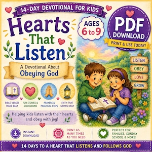 Kids Obedience Devotional, Ages 6-9, Bible Study, 14 Day Family (PDF Download)