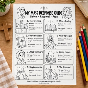 May include: A black and white educational print titled My Mass Response Guide, featuring eight numbered sections with illustrations and text for Catholic mass responses, including depictions of a priest, a bible, Jesus, and a church.