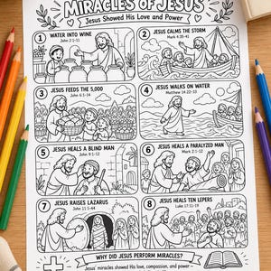 Op de afbeelding: Een zwart-wit kleurplaat getiteld Miracles of Jesus met acht genummerde illustraties van bijbelse scènes, waaronder Jezus die water in wijn verandert, een storm kalmeert, de 5000 voedt, over water loopt en verschillende mensen geneest.