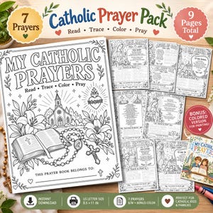 Op de afbeelding: Een katholiek gebedenpakket met in totaal 9 pagina's met 7 gebeden om te lezen, overtrekken, kleuren en bidden. De omslag toont de titel My Catholic Prayers met illustraties van een kerk, een bijbel, een rozenkrans en lelies.