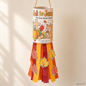 May include: A cylindrical hanging decoration featuring the text Fall for Jesus, His love never leaves, and Hebrews 13:5. The design includes a cross, a pumpkin, and a squirrel, with orange, yellow, and maroon paper streamers adorned with leaf cutouts.
