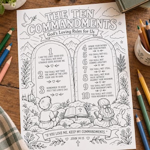 Puede incluir: Una página para colorear imprimible en blanco y negro titulada The Ten Commandments, God's Loving Rules for Us. La hoja presenta dos tablas de piedra con texto numerado, ilustraciones de niños, un cordero, un conejo y la cita If you love me, keep my commandments, John 14:15.