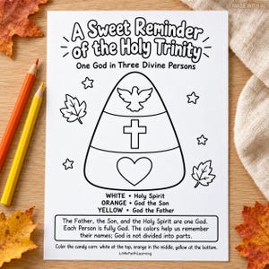 以下が含まれることがあります： 「A Sweet Reminder of the Holy Trinity」と題された白い塗り絵ページ。鳩、十字架、ハートが描かれたキャンディコーンの図形があります。白、オレンジ、黄色の色を使って三位一体を説明するテキストが含まれています。2本の色鉛筆が添えられています。