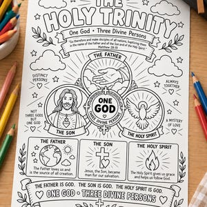 Pode incluir: Uma página de colorir em preto e branco intitulada The Holy Trinity, com ilustrações do Pai, do Filho e do Espírito Santo. A página inclui texto, nuvens, estrelas e detalhes florais, com seções que explicam as pessoas divinas.