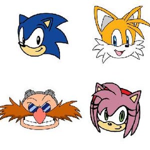 Può includere: Sei teste di personaggi dei cartoni animati su sfondo bianco. I personaggi includono Shadow, Sonic, Tails, Knuckles, Dr. Eggman e Amy Rose. Ogni personaggio ha una combinazione di colori e un'espressione facciale uniche, in stile cartone animato.