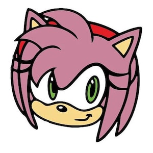 以下が含まれることがあります： ソニック・ザ・ヘッジホッグシリーズのエイミー・ローズの漫画イラスト。エイミーの頭はピンク色の針、緑色の目、黄褐色のマズルで描かれています。画像は白い背景と黒いアウトラインです。