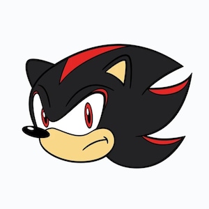 May include: A cartoon illustration of Shadow the Hedgehog's head. The character is black with red stripes and accents, a tan muzzle, and red eyes. The image is a close-up of the character's face, with a determined expression.