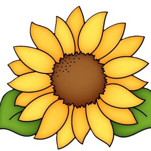 May include: A cartoon illustration of a sunflower with yellow petals, a brown center, and green leaves. The sunflower is centered on a white background. The petals have a gradient effect, with darker yellow edges.