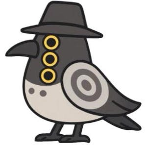 May include: A cartoon illustration of a stylized crow wearing a dark gray hat. The crow has three yellow circles for eyes, a target design on its wing, and two small gray dots on its chest. The crow is standing on two black feet.