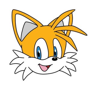 May include: A cartoon illustration of Tails, a yellow fox character with two tails. The fox has bright blue eyes, a pink tongue, and a white muzzle. The image is set against a white background.