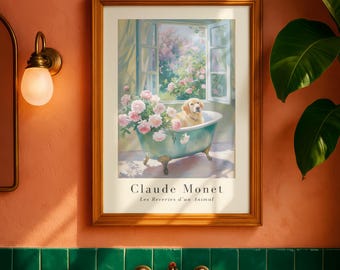 Monet inspirierte Golden Retriever Blumenwannenszene, impressionistischer Kunstdruck