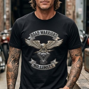 Road Warriors Biker T-Shirt: Eagle V-Twin Engine, Distressed Patch Graphic