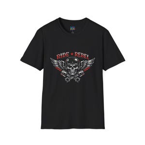 Ride Rebel Biker Skull Tee | Motorcycle Wings Emblem Shirt | Vintage MC Patch Style T-Shirt