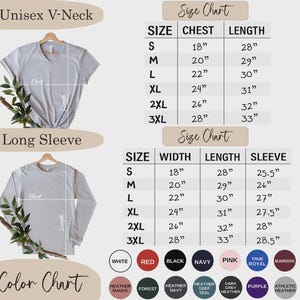 May include: A size chart for unisex V-neck and long-sleeve shirts. The chart displays chest, length, width, and sleeve measurements in inches for sizes S to 3XL. A color chart shows available colours including white, red, black, and navy.