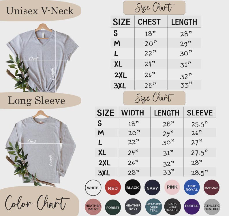May include: A size chart for unisex V-neck and long-sleeve shirts. The chart displays chest, length, width, and sleeve measurements in inches for sizes S to 3XL. A color chart shows available colours including white, red, black, and navy.