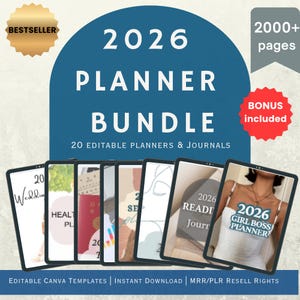 Op de afbeelding: Een digitale plannerbundel voor 2026, met 20 bewerkbare planners en journals. Het ontwerp heeft een blauwe achtergrond met de tekst "2026 PLANNER BUNDLE". Inclusief bonus en meer dan 2000 pagina's. De tekst "BESTSELLER" is ook aanwezig.