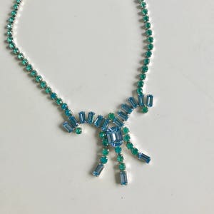 Vintage Teal and Light Blue Rhinestone Necklace GORGEOUS Wedding Prom Holiday Party