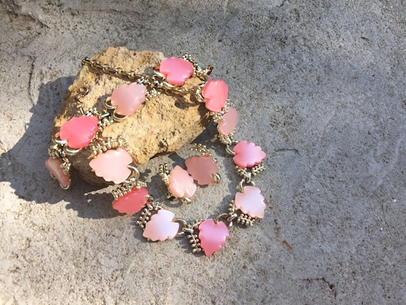 Vintage Pink Lucite Necklace Bracelet Earring Set Two Toned Pink Summery Vintage Lucite Set