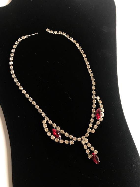Vintage Clear and Red Rhinestone Necklace Wedding… - image 3