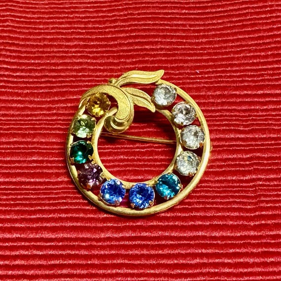 Vintage VAN DELL 1/20 12K Gold Filled Rhinestone Pin Brooch Signed Wreath