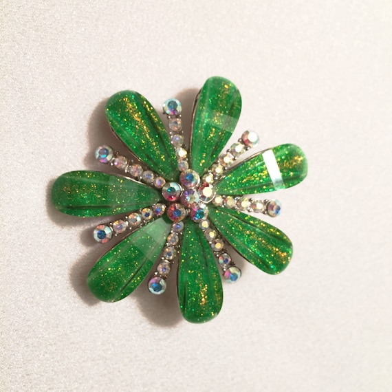 Vintage Green Flower Brooch with Aurora Borealis Rhinestones Beautiful