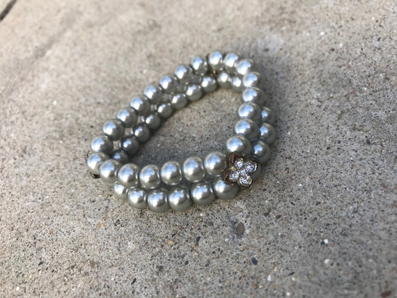 Vintage Two Strand Beaded Bracelet Smokey Gray Beads Clear Rhinestone Spacers Wedding Party Mother of Bride Bracelet