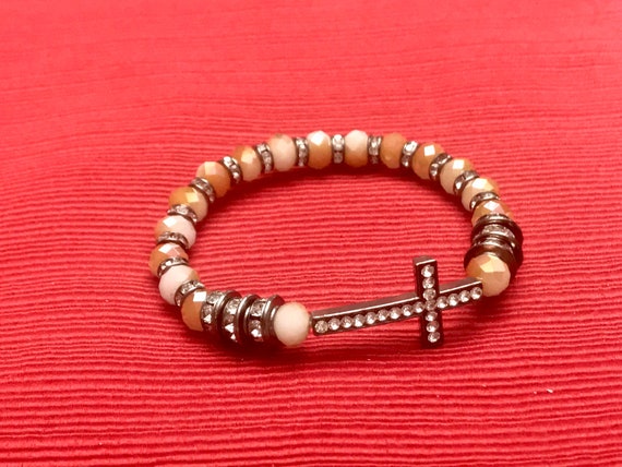 Vintage Glass Beaded Bracelet Rhinestone Cross Rhinestone beads Stretch Bracelet