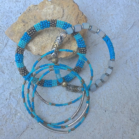 Beaded Bangle Bracelets Blue Brown Summer Beaded Cluster of Bracelets Beautiful 6 Bracelets Total