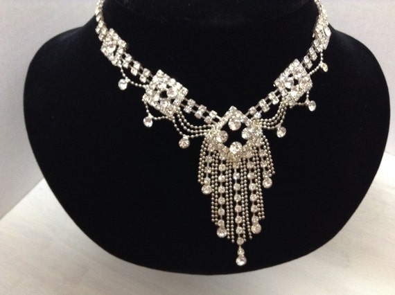 Vintage Rhinestone Necklace Wedding Jewelry Clear Rhinestone Necklace