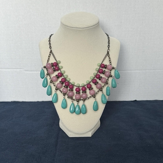 Vintage Egyptian Glass Beaded Collared Necklace M &S Turquoise And Pinks Summer